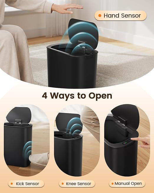 TIPGO 5 Gallon Automatic Bathroom Trash Can with Lid, Black, Touchless | Motion Sensor, Slim Smart Garbage Bin, Plastic Wastebasket, Battery Operated, Manual Button, for Bedroom, Office, RV