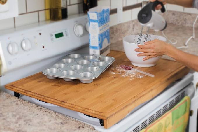 Camco 43548 4 Burner Grooved Bamboo Stove Top Work Surface with Adjustable Legs