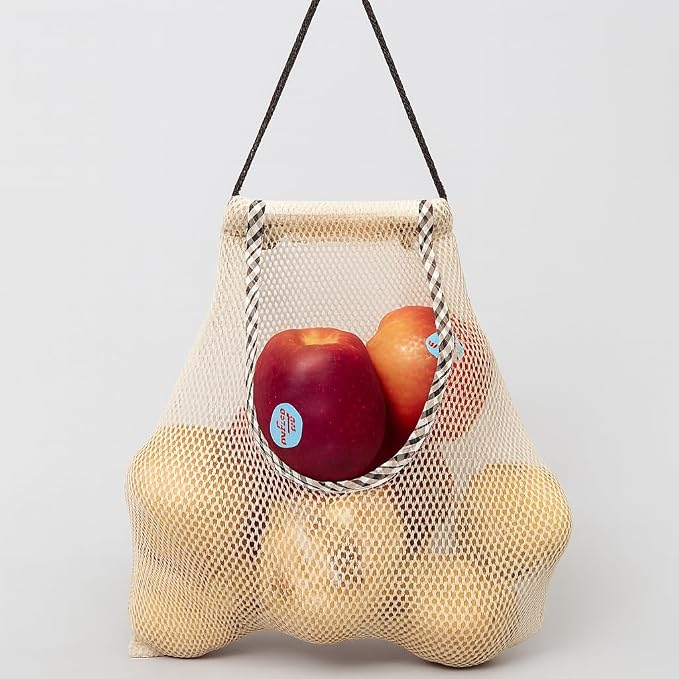 Reusable Hanging Storage Mesh Bags, White, 2 Bags & 2 Hooks | Durable, Breathable, For Fruits & Vegetables, Kitchen & Home Decor