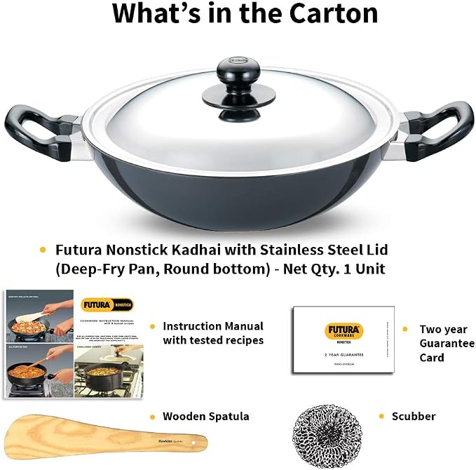 Hawkins Futura Nonstick Kadhai 2.5 L, 26 cm, 3.25 mm with SS lid (Black)