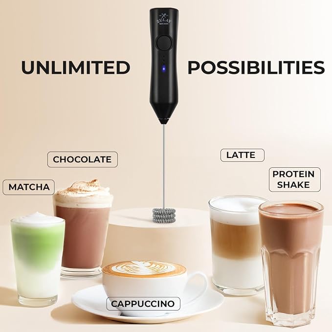 Zulay Kitchen Rechargeable Milk Frother Handheld - Frother Wand, Drink Mixer, Electric Whisk Frother, for Cappuccinos, Matcha & Protein Powder - Dynamic 3 Whisk, 3 Speed 500mAh Black