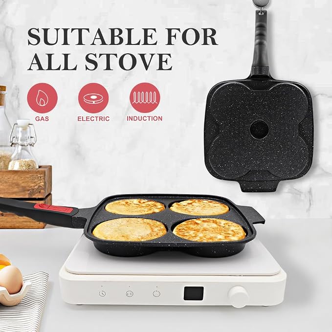 RANX INGST 10 inch Large Egg Pan with Lid, Nonstick 4-Cup Pancake Pan,Black | Omelette Skillet with Detachable Handle Induction Compatible