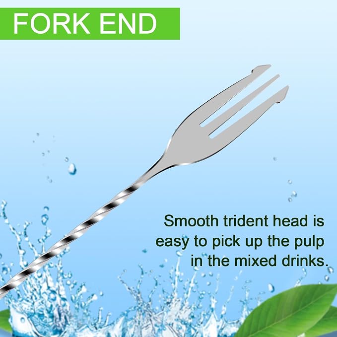 Bar Spoon Cocktail Mixing Stirrers,2Pcs,12” with Trident Fork,Silver | 18/8 Stainless Steel, Double Ended Design, Long Drink Spoons, Trident Fork, for Stirring Coffee & Cocktails