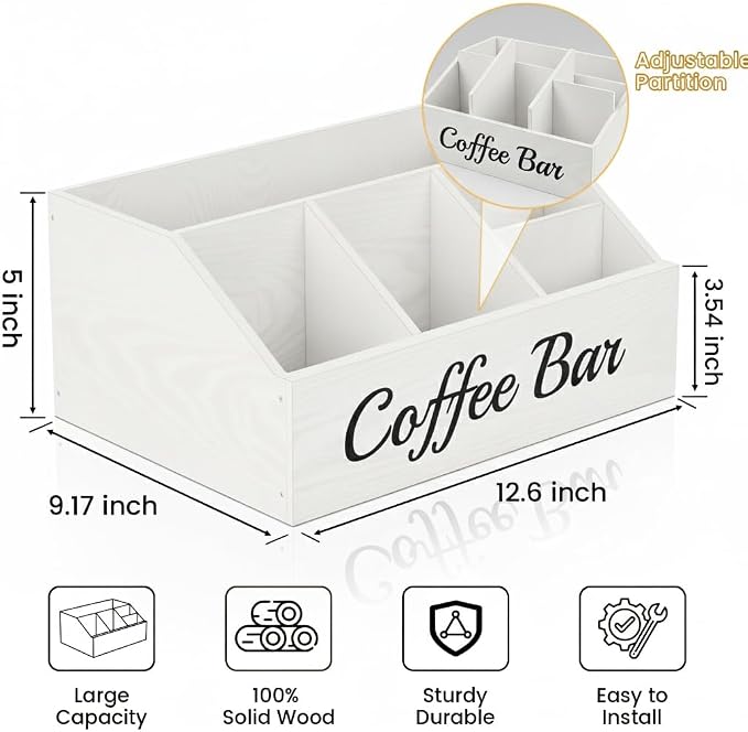 Coffee Station Organizer for Countertop – Wooden Coffee Bar Organizer with Adjustable Dividers,Holds K Cup Pod & syrup bottles, for Kitchen, Office, or Bar and Tea Station, White