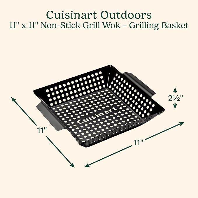 Cuisinart 11" x 11" Non-Stick Grill Wok, Perforated BBQ Grill Basket for Grilling Veggies, Meat & Stir-Fry, Outdoor Grilling Basket for Charcoal and Gas Grills