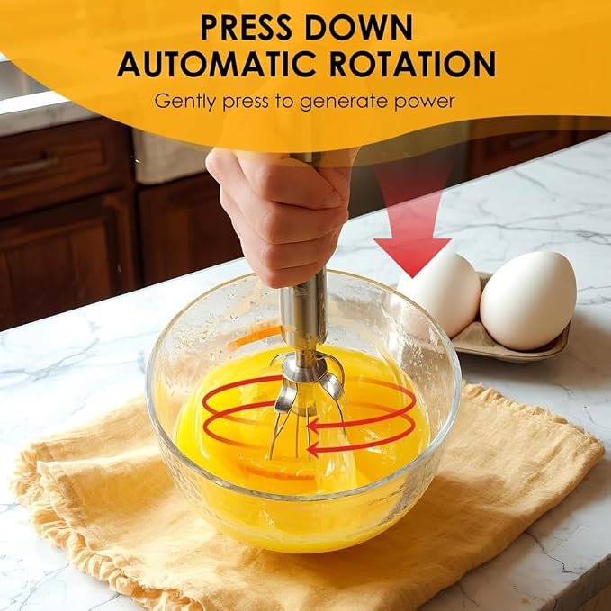 Stainless Steel Semi-Automatic Whisk Wider Hand Push Rotary Whisk Versatile Hand Push Mixer Stirrer Tool Rotary Egg Beater for Cooking, Blending, Mixing, Stirring, Whipping (10in)