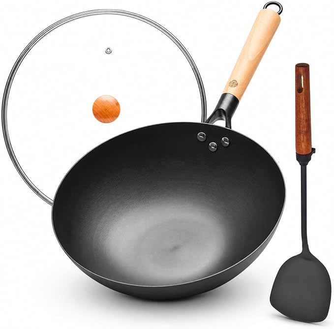 WANGYUANJI 12.6 Inch Carbon Steel Wok Pan with Glass Lid and Spatula, Nitrided Flat Bottom Wok Set, Uncoated Stir Fry Pan for 2-4 Servings, Gas, Electric, Ceramic and Induction Cooktops