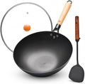 WANGYUANJI 12.6 Inch Carbon Steel Wok Pan with Glass Lid and Spatula, Nitrided Flat Bottom Wok Set, Uncoated Stir Fry Pan for 2-4 Servings, Gas, Electric, Ceramic and Induction Cooktops