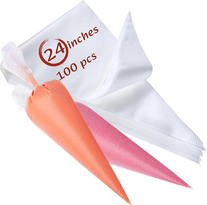 24 Inch Disposable Piping Bags, 100 PCS Large Icing Bags | Large Tipless Pastry Bags with Thickened, Non-slip, Anti-burst Design for Royal Icing, Cake Decorating and Baking.
