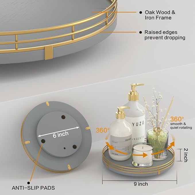 Oroyutor 9-Inch Gray Lazy Susan Spice Organizer for Cabinet with Gold Rail | Rotating oak tray organizes spices, toiletries and decor on kitchen counters, bathroom vanities, dining and coffee tables.