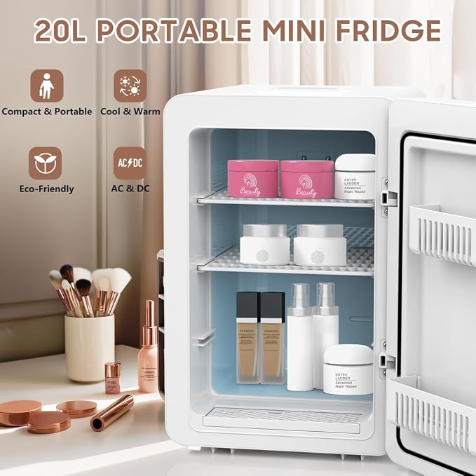Kikihouse 16L/20L Skincare Fridge with LED Mirror, Small Fridge for Makeup | Portable Skin Care Fridge for Beauty, Cosmetics, Personal Mini Refrigerator for Food, Office, Dorm, Car, Cooler & Warmer