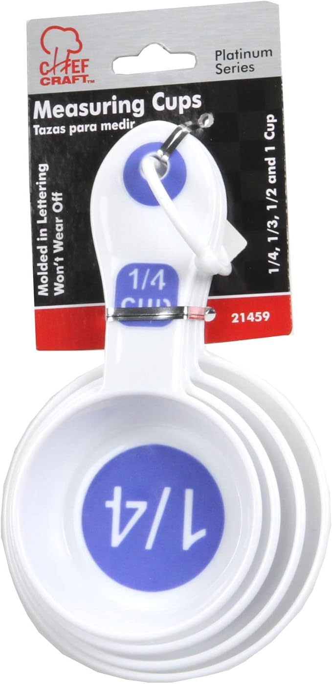 Chef Craft Select Plastic Measuring Cups, 1/4, 1/3, 1/2, and 1 cup, White and Blue