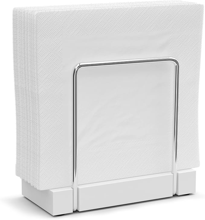 Wican Napkin Holder for Table, Bamboo Iron Standing Napkin Dispenser | Kitchen Dining Table Farmhouse Cocktail Picnic Rustic Wood Holders, Mail Bills, Suitable Dining Room Decors, Silvery & White