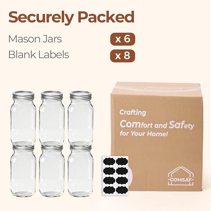 ComSaf 24 oz Mason Jars Regular Mouth 6 Pack, Tall Glass Jars with Lids | BPA-Free Materials, Canning Pickling Jam, Sauce Juice, Chunky Salsa, Large Capacity, DIY Favor
