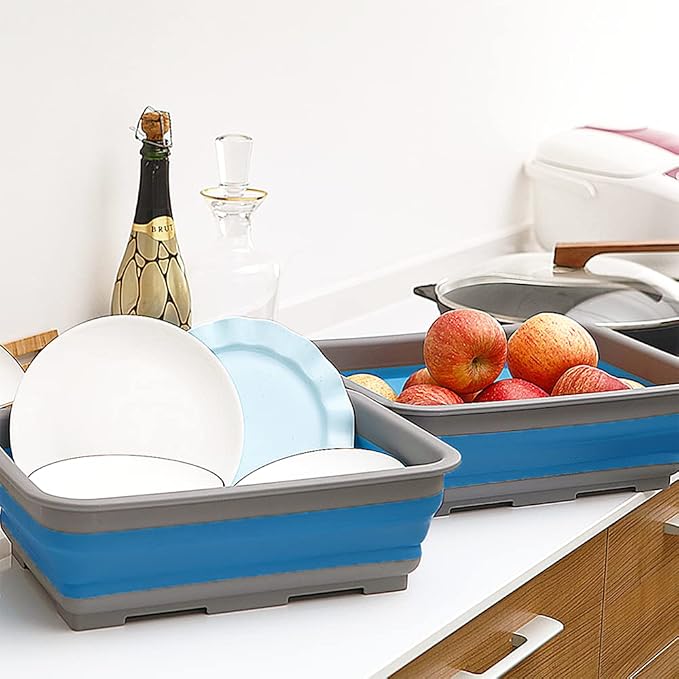Goderewild Collapsible Dish Pans – 10L (2.6 Gal) Foldable Sink Tub, 14.7x10.6x4.6 in(L×W×H), Compact and Space-Saving Multiuse Foldable Basin for Dish Washing, Camping, RV and Vegetable Cleaning(Blue)