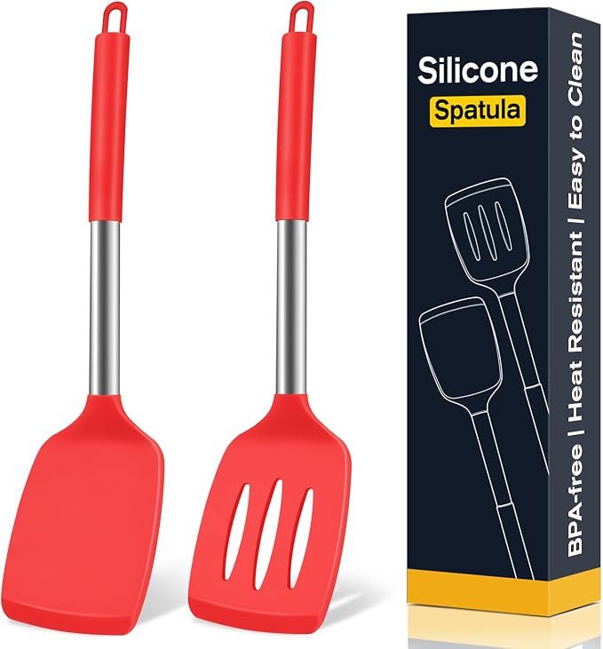 2 Pack Silicone Spatula Set, Solid & Slotted Turner for Non-Stick Pans, High Heat Resistant Silicone Spatula for Cooking, BPA-Free Stainless Steel Cooking Utensils for Fish, Eggs, Pancakes, Red