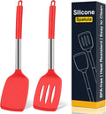 2 Pack Silicone Spatula Set, Solid & Slotted Turner for Non-Stick Pans, High Heat Resistant Silicone Spatula for Cooking, BPA-Free Stainless Steel Cooking Utensils for Fish, Eggs, Pancakes, Red