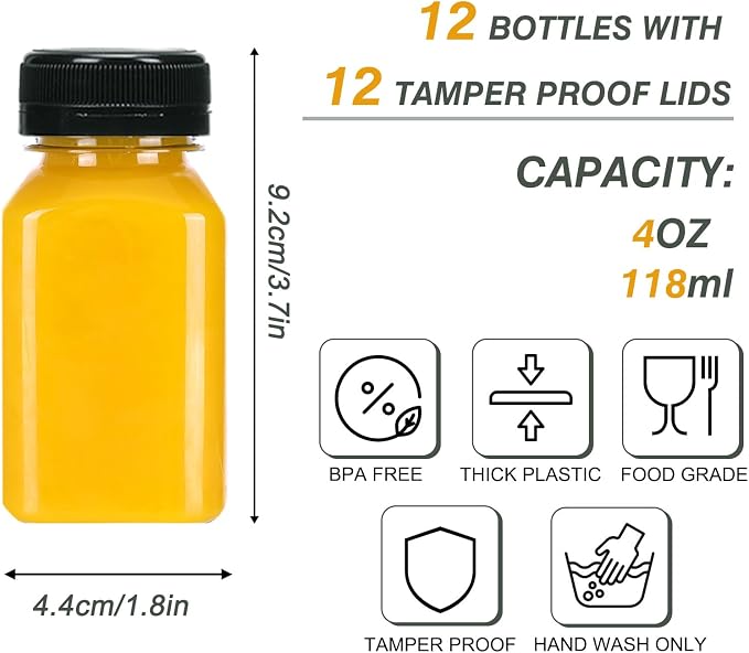 12pcs 4oz Plastic Juice Bottles with Caps, Sticker Labels, Brush | Empty Reusable Clear Ginger Shots Bottles with Lids, Label, Funnel, and Brush Beverage for Juicing, Smoothies, Drinking