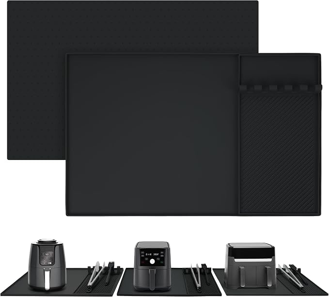 Boribim 24x16 Inch Silicone Mat for Kitchen Counter, Heat Resistant Mat for Countertop - Kitchen Countertop Organizers and Storage Essentials - Air Fryer Mat for Microwave, Oven, Coffee Maker (Black)