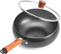 9.4 Inch Carbon Steel Wok with Glass Lid, Big Belly Flat Bottom Stir Fry Pan, Coating-Free Compact Wok Pan for Gas, Electric, Ceramic & Induction, 3.4 QT for 1–3 Servings