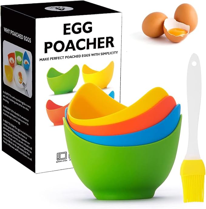 4 Pcs Silicone Egg Poacher Cups, Poached Egg Cooker with Ring Standers for Microwave or Stovetop Egg Cooker with Extra Oil Brush