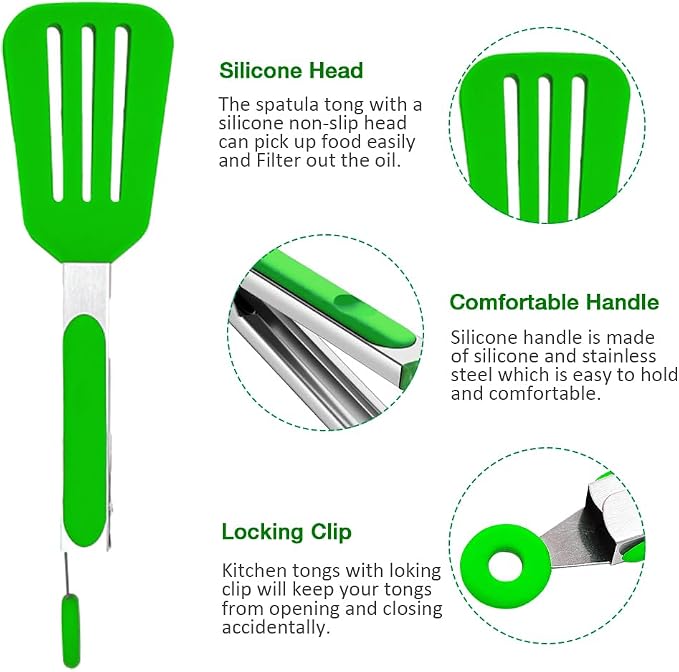 7 Inch Small Serving Tongs with Silicone Tips 3 Pack(Green) | Stainless Steel Handle, Non-Scratch, Heat Resistant
