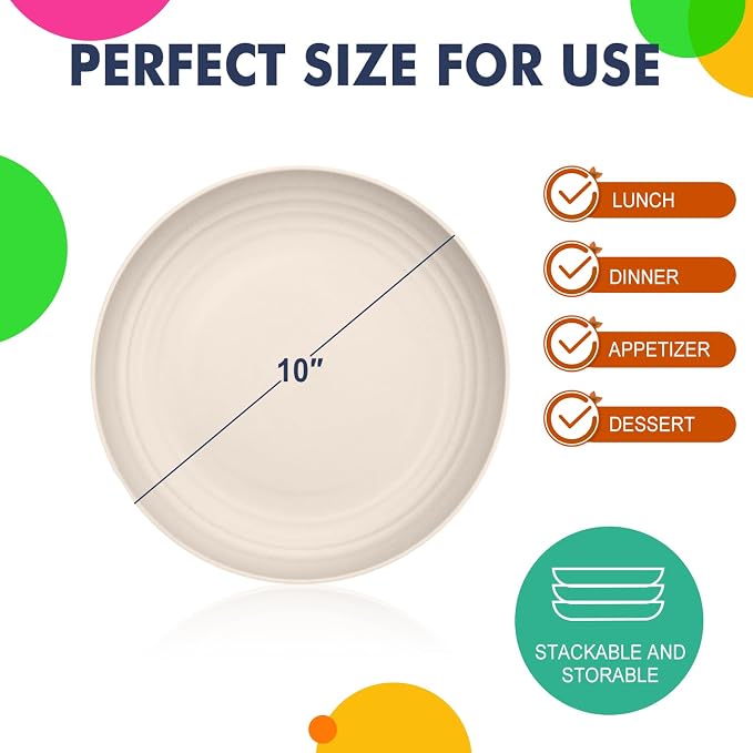 Wheat Straw Plates 8 PCS Unbreakable Dinner Plates - 10 inch Dishwasher & Microwave Safe Plastic Plates Reusable Lightweight Roud Plates, Plates for Kitchen, Dinner, Outdoor,Picnic (Beige)