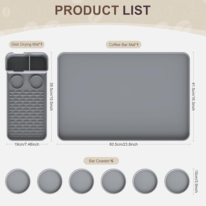 Silicone Coffee Mat with 6 Coasters,24"x16" Counter Bar Mat Fits Under Coffee Maker/Pot & Espresso Machine, Bar Aceessories,Detachable Drying Pad for Tamper,Sugar Packets,Cups & Countertop Protection