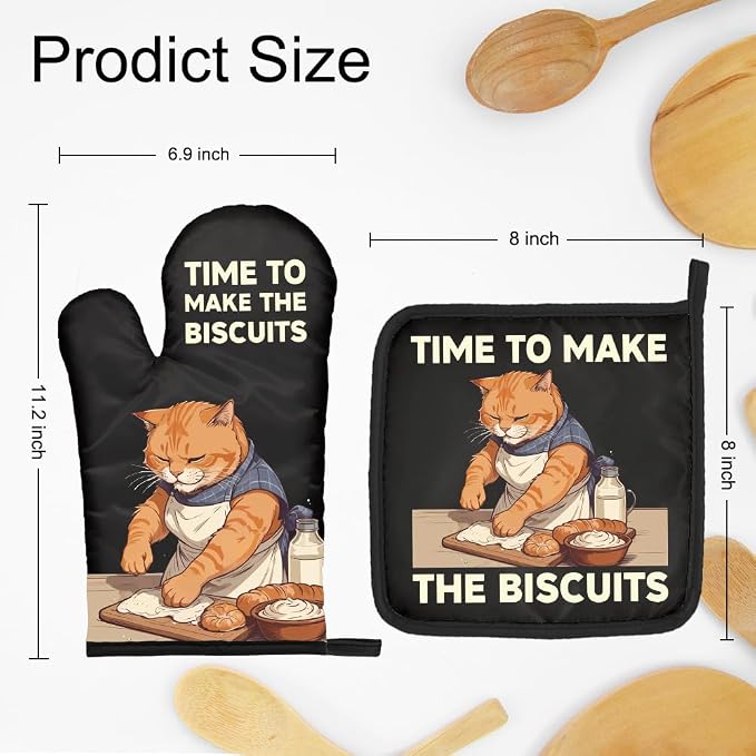 DYJYBMY Time to Make The Biscuits Funny Cat Oven Mitts and Pot Holder Set, Cute Kitchen Gadgets for Pet Lover, Housewarming Gifts for Cat Mom Dad, Bake Lover Gifts for Mom Dad Wife Husband BFF (HS)