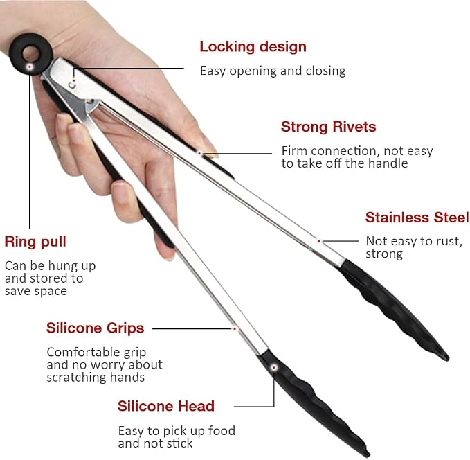12 Inch Kitchen Tongs Set of 3, Silicone Tongs with Silicone Tips | Stainless Steel Handle, Non-Scratch, Heat Resistant, for Cooking, Baking, Grilling