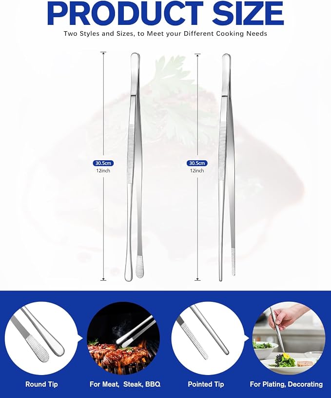 2 Pcs 12-Inch Kitchen Tweezers Fine Tweezer Tongs, Stainless Steel Professional Long Cooking Tweezers for BBQ, Sea Food, Repairing and Serving (SILVER)