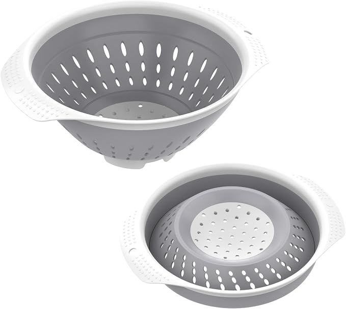 5 Quart Collapsible Colander，BPA Free，Dishwasher Safe，Silicone Food Strainer with Plastic Handles，Heavy Duty Foldable Heat Resistant Pasta and Veggies Kitchen Drainer Steam Basket，Gray
