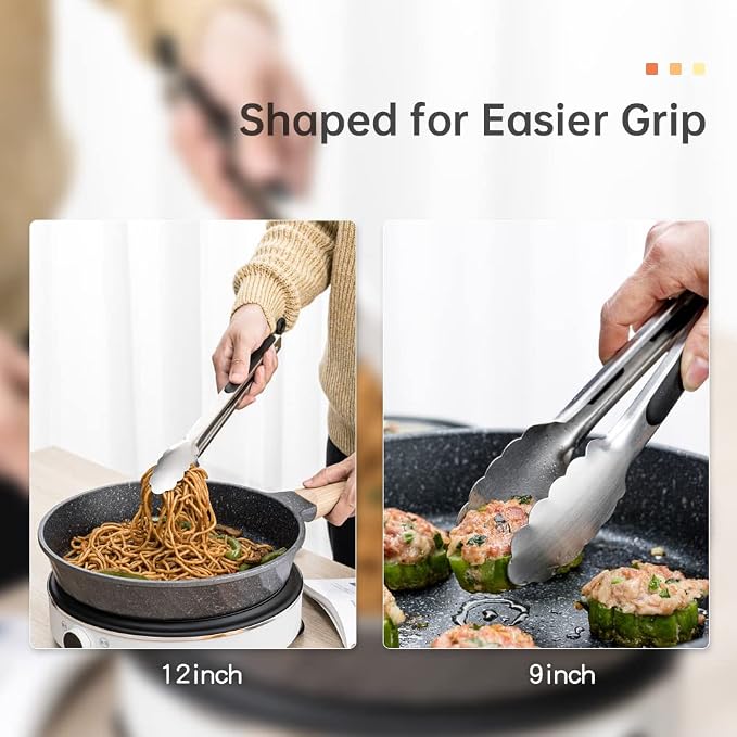 9 & 12 Inch Kitchen Tongs, Stainless Steel Metal Cooking Tongs (9"+12") | For Cooking/Serving/Grilling | Heat-Resistant | Dishwasher Safe
