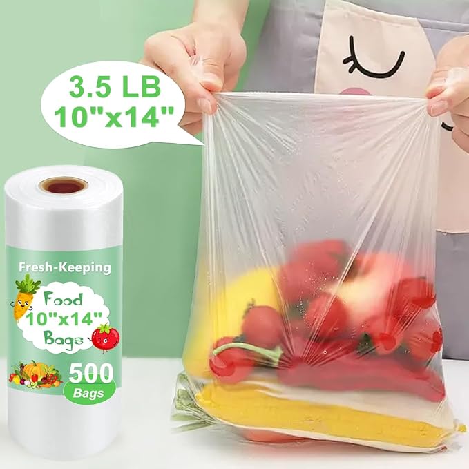 Plastic Produce Bags Roll, 10" x 14" Food Bag, Fresh-Keeping Plastic Bags for Food, Fruit, Vegetable, Bread, Refrigerator Storage, Kitchen, Supermarket, 1 Roll 500 Storage Bag
