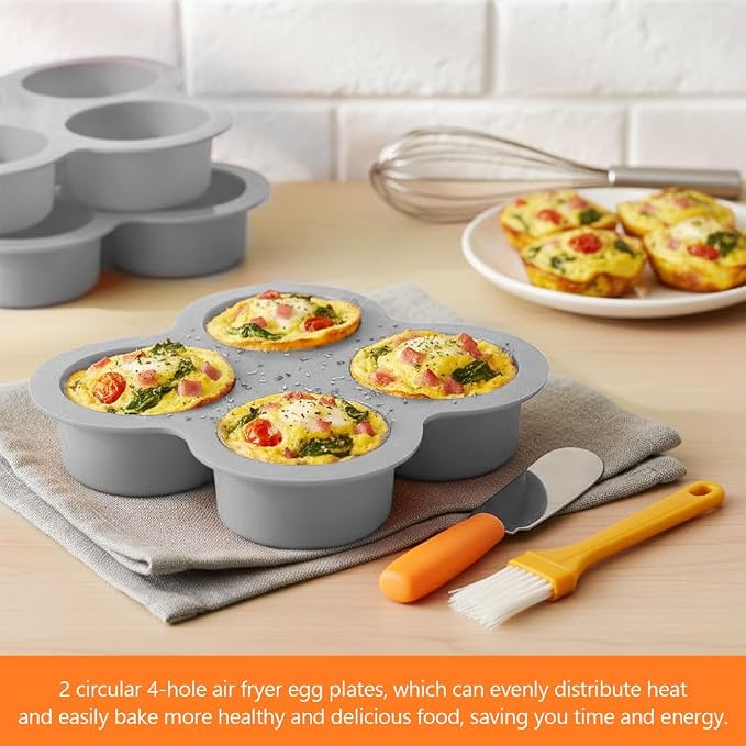 2 Pack Silicone Egg Bite Molds with 1 Spatula & 1 Brush, 4 Cups Silicone Air Fryer Baking Pan Non-Stick for Egg Bites, Cupcake, Tart, Frittata, Quiche, Muffins, Cornbread