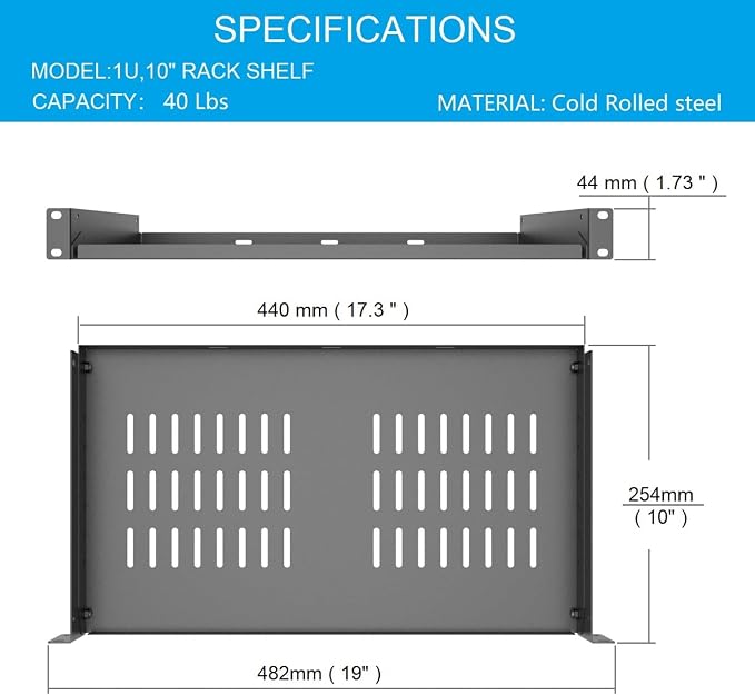 1U Universal Server Rack Shelves - 10" Deep, Steel Vented Cantilever Rack Tray for 19" Equipment, Black (10 inch) (Pack of 2)