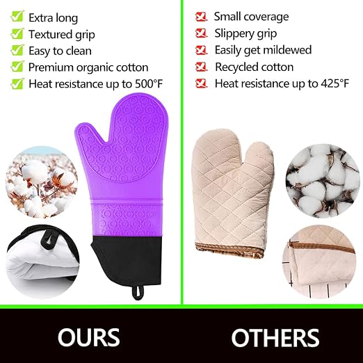 6pcs Silicone Oven Mitts and Pot Holders Sets for Kitchen, Purple | 500°F heat resistant, cotton lining, honeycomb non-slip texture, 15-inch forearm protection, baking cooking gloves