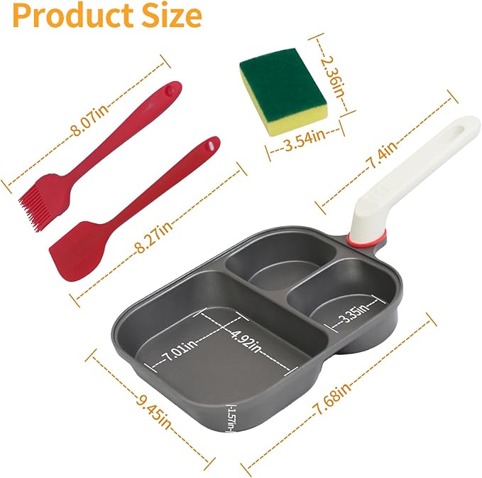 Nkove Egg Pan, 3 in 1 Breakfast Skillet with Divided Sections for Eggs | Nonstick Multi Compartment Frying Pan, Induction Compatible Cookware for Eggs, Pancakes, Bacon and Easy Breakfast Cooking