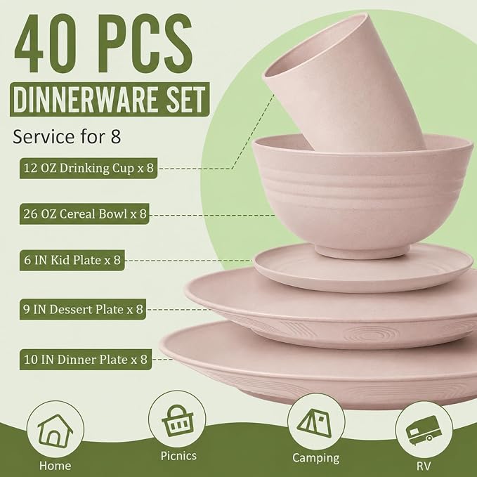 Wheat Straw Dinnerware Sets for 8, 40 Piece Unbreakable Dinnerware Set, Plates and Bowls Sets, Kitchen Plates and Bowls Set, Lightweight Dish Set for Travel Camping Party Outdoor Use - Muted Pink