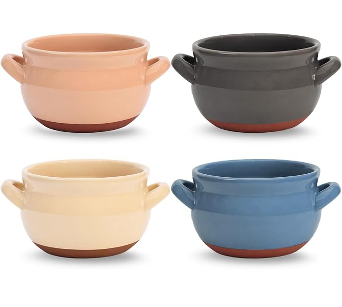 Vumdua French Onion Soup Bowls, 16 oz French Onion Soup Crocks with Handles for Chilli, Cereal, Cereal, Pot Pies, Oven, Broil & Dishwasher Safe, Multicolor, Set of 4