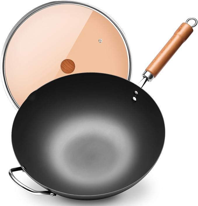 WANGYUANJI Carbon Steel Wok Pan, 13.4" Woks & Stir-Fry Pans with Glass Lid No Chemical Coated Flat Bottom Iron Wok for Induction, Electric, Gas, Halogen All Stoves | Uncoated Stir Fry Pan with Wooden Handle for Gas, Electric, Induction, Ceramic & Halog...
