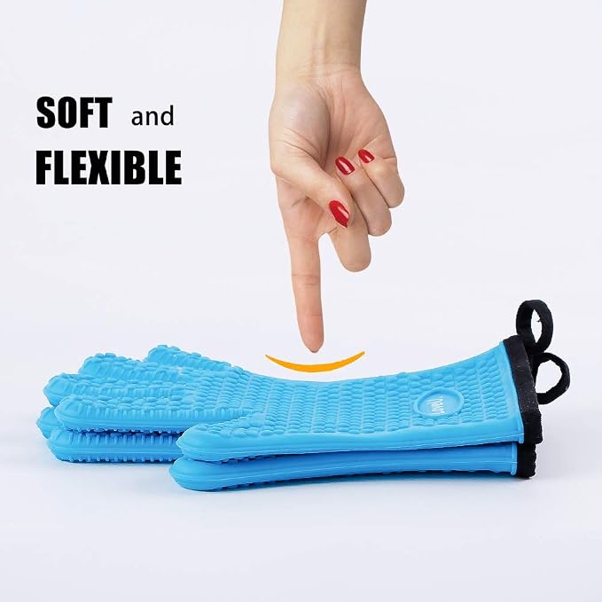 Silicone Oven Mitts Gloves - Heat Resistant, Non-Slip for BBQ, Grilling | 450°F Double-Layer｜Waterproof Kitchen Cooking Barbecue Mittens ｜5 Finger Hot Mitt for Baking, Smoker& Cast Iron(One Size)