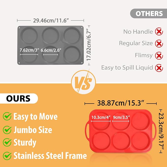 4 Inch Muffin Top Pan Non Stick with Metal Frame, Silicone Egg Molds | for Breakfast Sandwiches, Large Round Whoopie Pie Baking Pan with Handle for English Muffin, Egg Bite and Oven, Red Toeusog