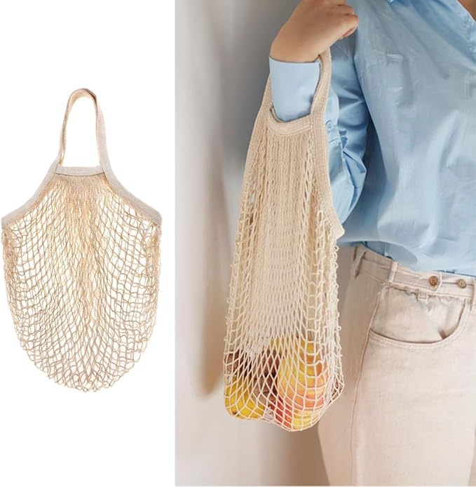CABAX Cotton Mesh Produce Bags, Reusable Grocery Fruit Food Bags, Net String Shopping Tote Bag, Pack of 2