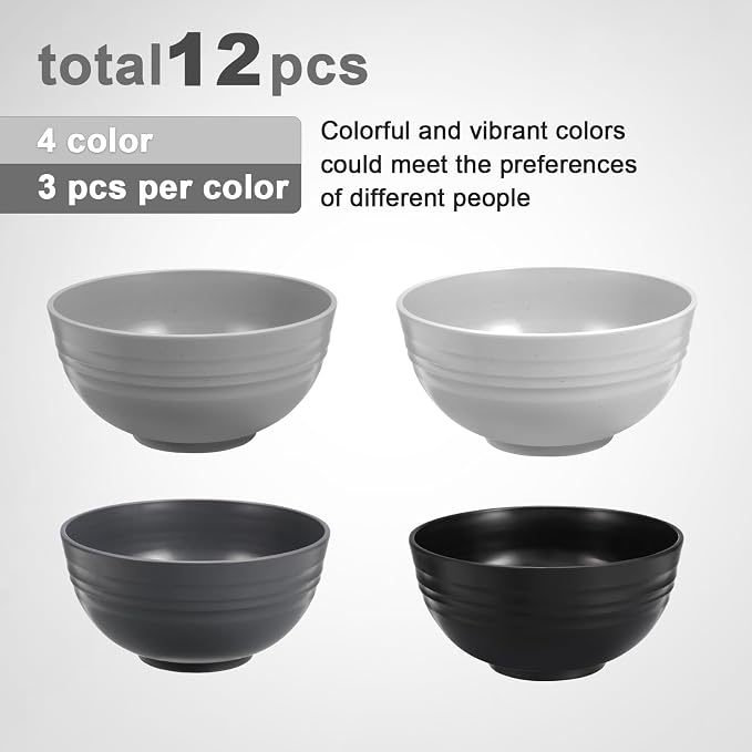 HEYCOME 12 Pcs Unbreakable Cereal Bowls Set, 26 Oz Wheat Straw Bowls Set, Microwave & Dishwasher Safe Bowls for Kitchen, Reusable Plastic Bowls for Soup, Salad and Snack, BPA Free, Multicolor