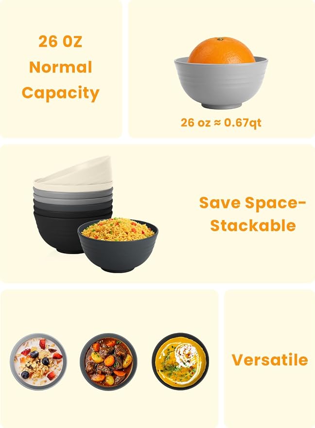 Premium Wheat Straw Bowls 8 PCS Unbreakable Bowl for Kitchen Cereal Bowls Lightweight Bowl Set, Reusable Microwave and Dishwasher Safe Bowl Set for Soup,Ramen,Salad(Grey Stone, 26 OZ)