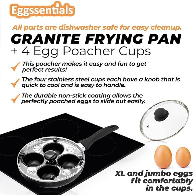 2 IN 1 Egg Pan & Egg Poacher Pan, Granite Nonstick Fry Pan Poached Egg Maker and Frying Skillet with Lid, Poached Eggs Cooker Food Grade Safe PFOA Free with Spatula, Egg Cookware - 4 Cups