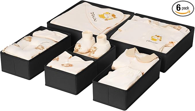 DIMJ Drawer Organizer Clothes 6 Pack - Foldable Baby & Nursery Organization Dresser Dividers for Bedroom, Closet - Black