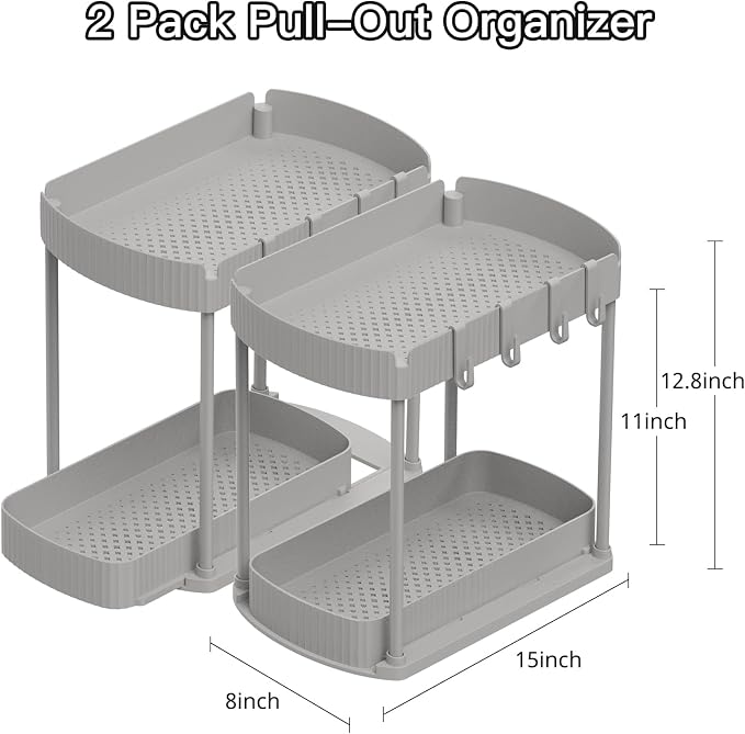 2 Packs Under Sink Pull-Out Storage Organizers, 12.8 Inches, Grey | Multi-Purpose Cabinet Organizers and Storage for Bathroom & Kitchen