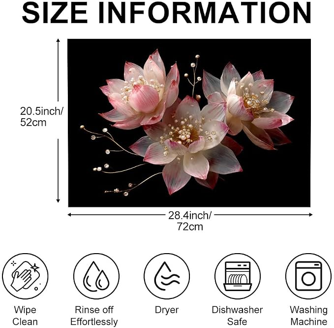 Pink Pearl Lotus Flower Black Stove Top Cover 28.35x20.47in Glam | Pink pearl lotus flower black stove top cover 28.35x20.47 in; modern glam cooktop mat dishwasher safe machine washable